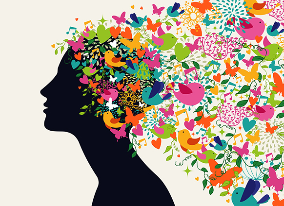 colorful ideas spring from a woman's head like flying birds
