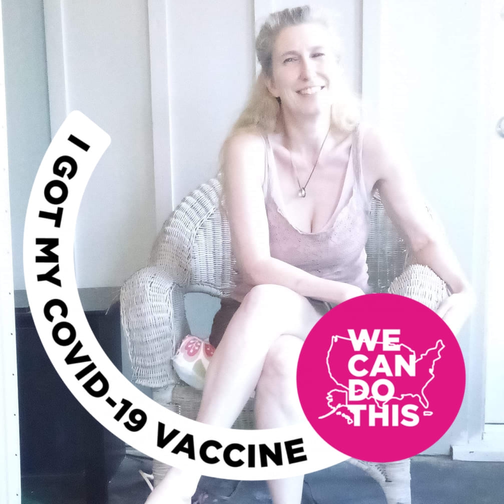 Carlie Lawson seated in a rattan chair on July 4, 2021. The photo is rimmed with a frame that reads, "I got my COVID-19 vaccine. We can do this."